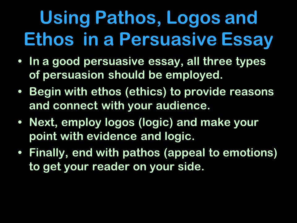 Using Pathos, Logos and Ethos in a Persuasive Essay In a good persuasive essay, all three types of persuasion should be employed.