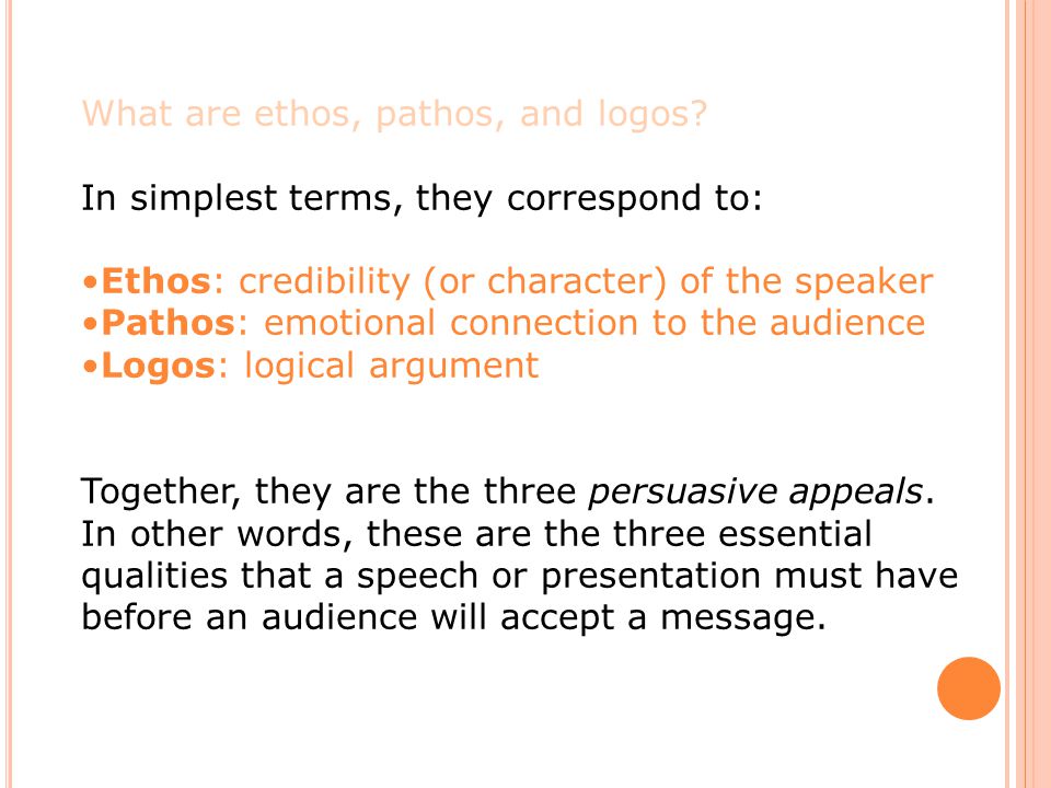 What are ethos, pathos, and logos.