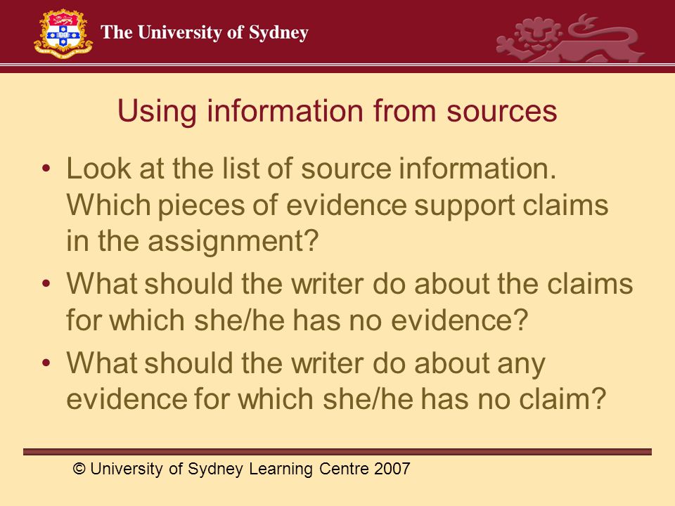 Using information from sources Look at the list of source information.