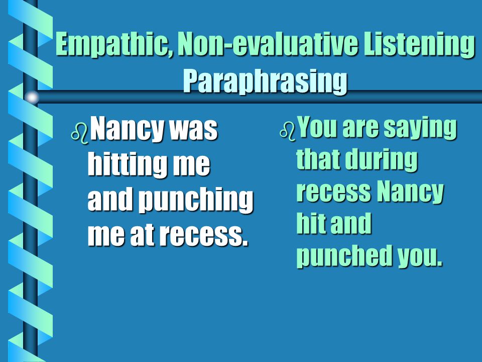 Empathic, Non-evaluative Listening Paraphrasing b Begin with, You say that… b Don’t parrot.