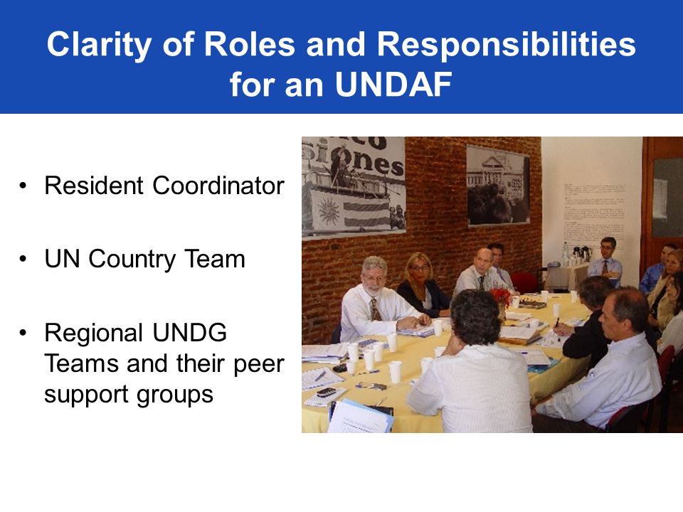 Resident Coordinator UN Country Team Regional UNDG Teams and their peer support groups Clarity of Roles and Responsibilities for an UNDAF