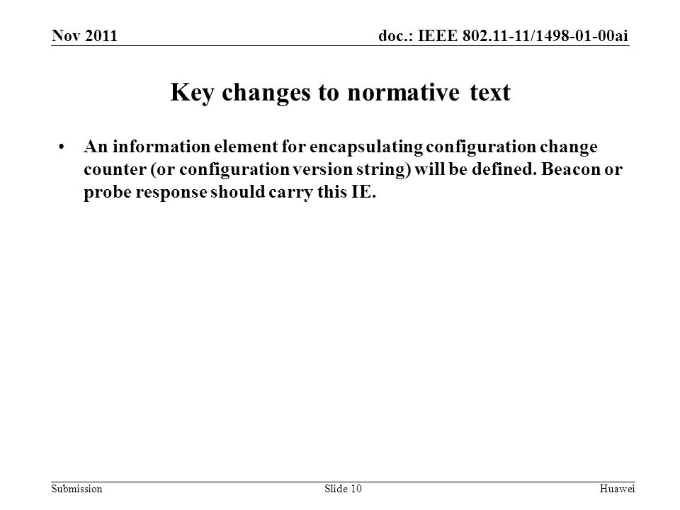 doc.: IEEE / ai Submission Key changes to normative text An information element for encapsulating configuration change counter (or configuration version string) will be defined.