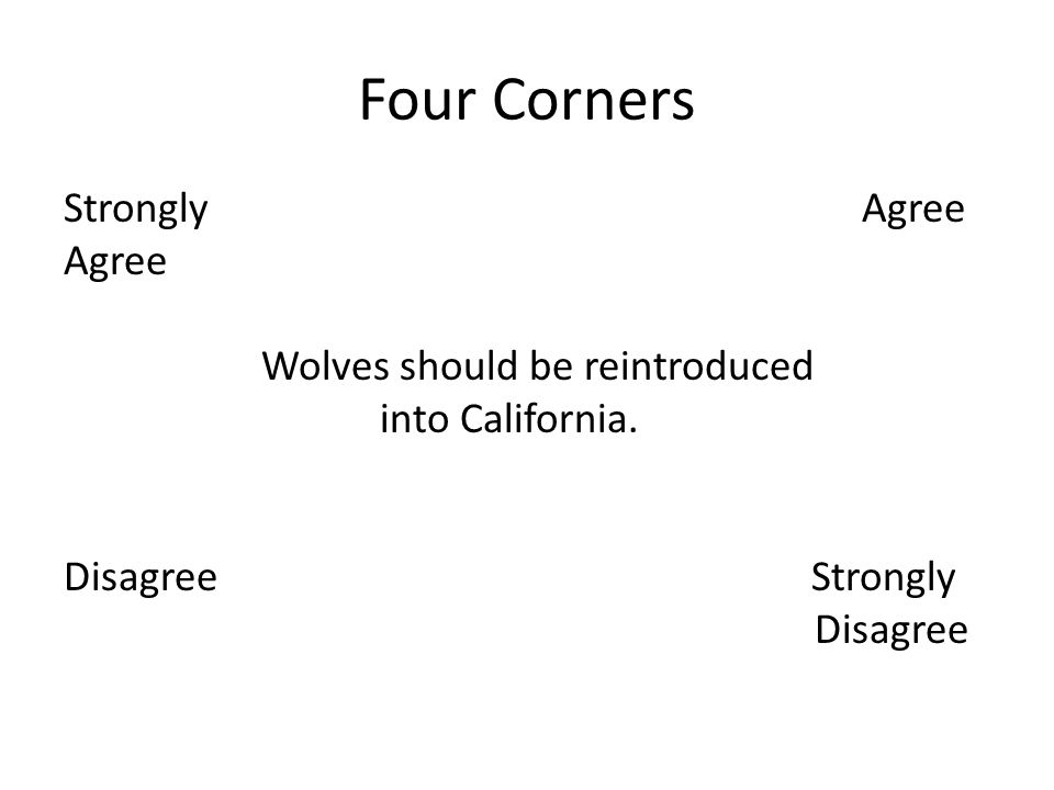 Four Corners Strongly Agree Agree Wolves should be reintroduced into California.
