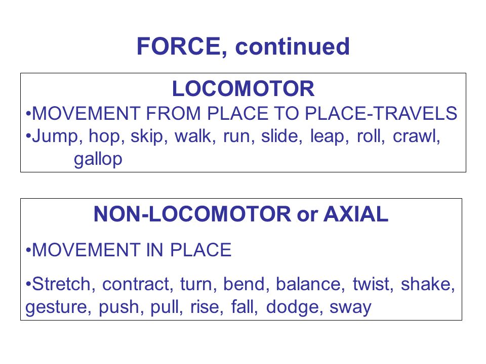 FORCE, continued NON-LOCOMOTOR or AXIAL MOVEMENT IN PLACE Stretch, contract, turn, bend, balance, twist, shake, gesture, push, pull, rise, fall, dodge, sway LOCOMOTOR MOVEMENT FROM PLACE TO PLACE-TRAVELS Jump, hop, skip, walk, run, slide, leap, roll, crawl, gallop