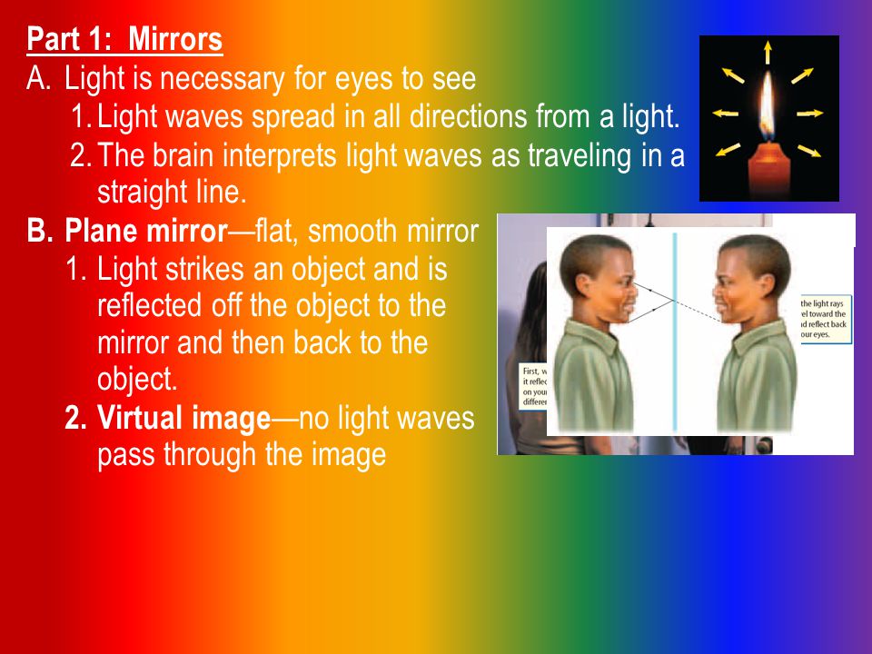 Part 1: Mirrors A.Light is necessary for eyes to see 1.Light waves spread in all directions from a light.