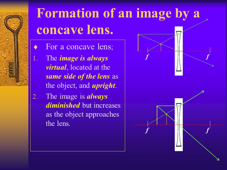 Formation of an image by a concave lens.  For a concave lens ; 1.