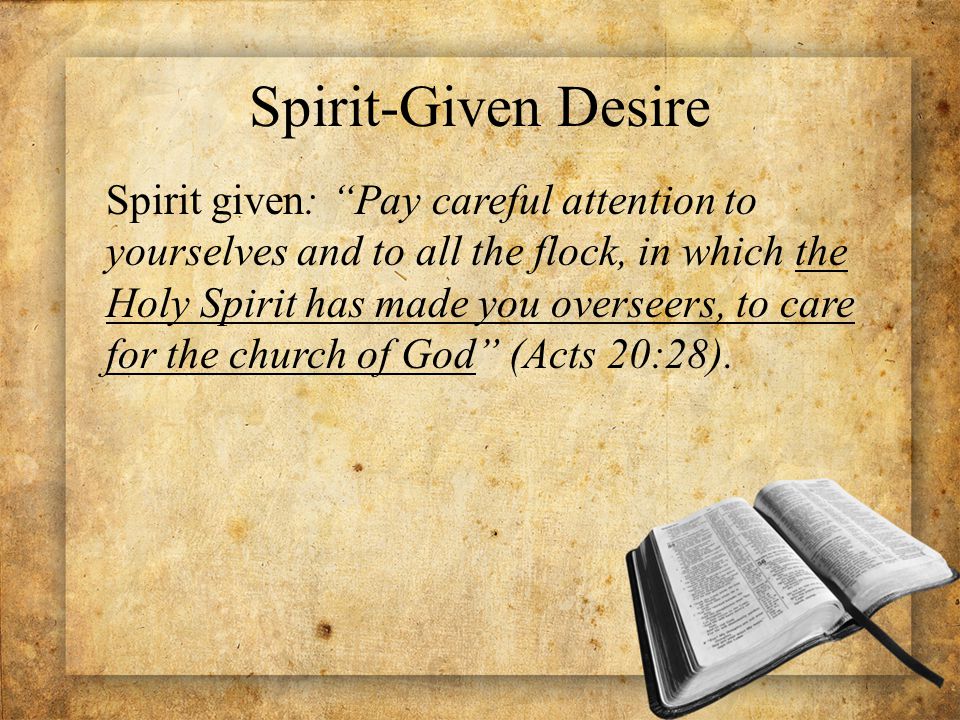 Spirit-Given Desire Spirit given: Pay careful attention to yourselves and to all the flock, in which the Holy Spirit has made you overseers, to care for the church of God (Acts 20:28).