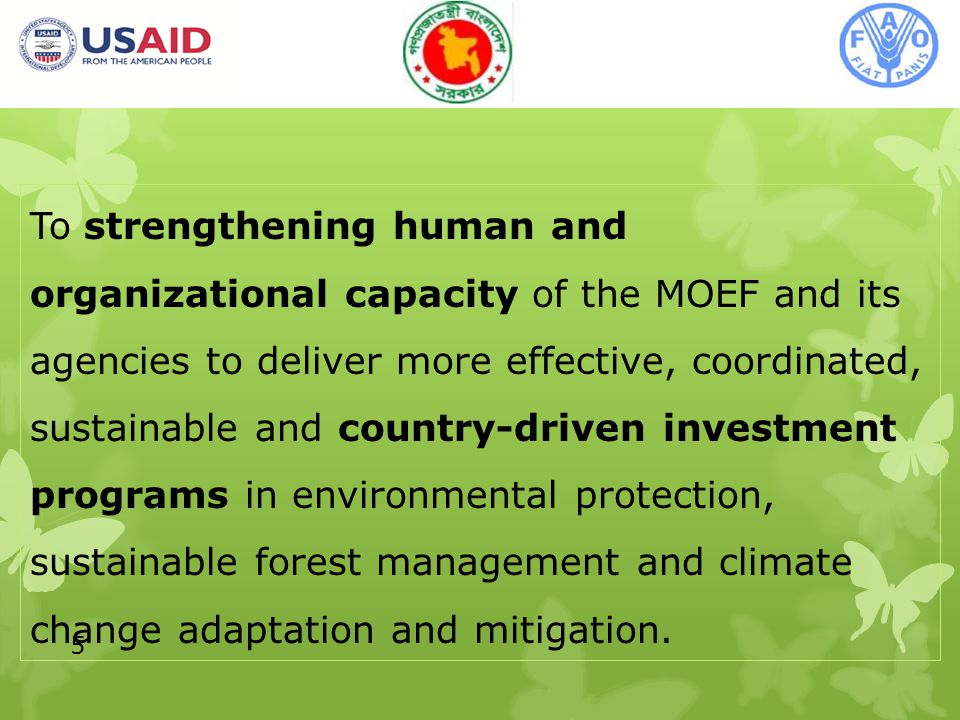 5 To strengthening human and organizational capacity of the MOEF and its agencies to deliver more effective, coordinated, sustainable and country-driven investment programs in environmental protection, sustainable forest management and climate change adaptation and mitigation.