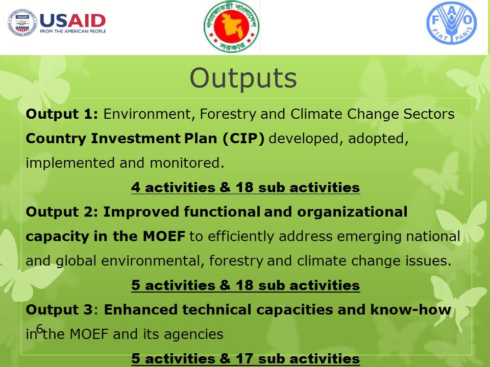 Outputs 6 Output 1: Environment, Forestry and Climate Change Sectors Country Investment Plan (CIP) developed, adopted, implemented and monitored.