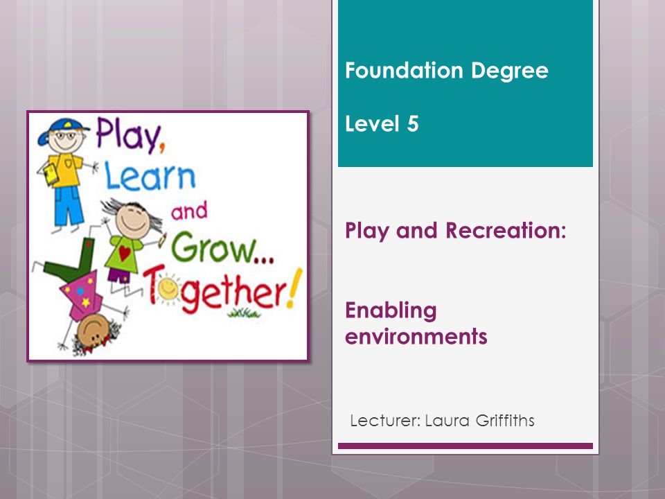 Foundation Degree Level 5 Play and Recreation: Enabling environments Lecturer: Laura Griffiths