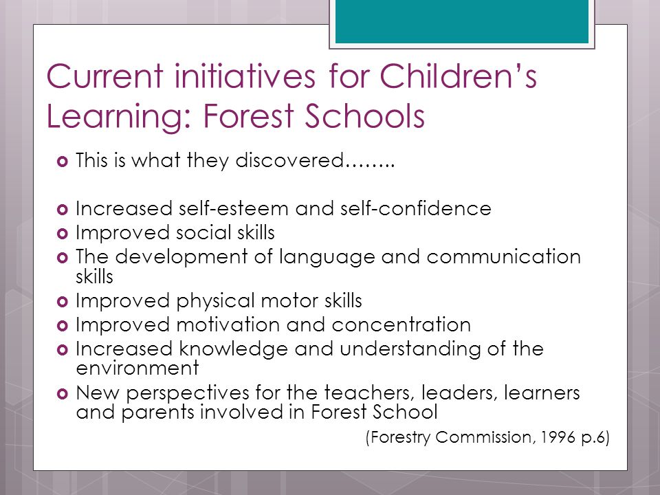 Current initiatives for Children’s Learning: Forest Schools  This is what they discovered……..