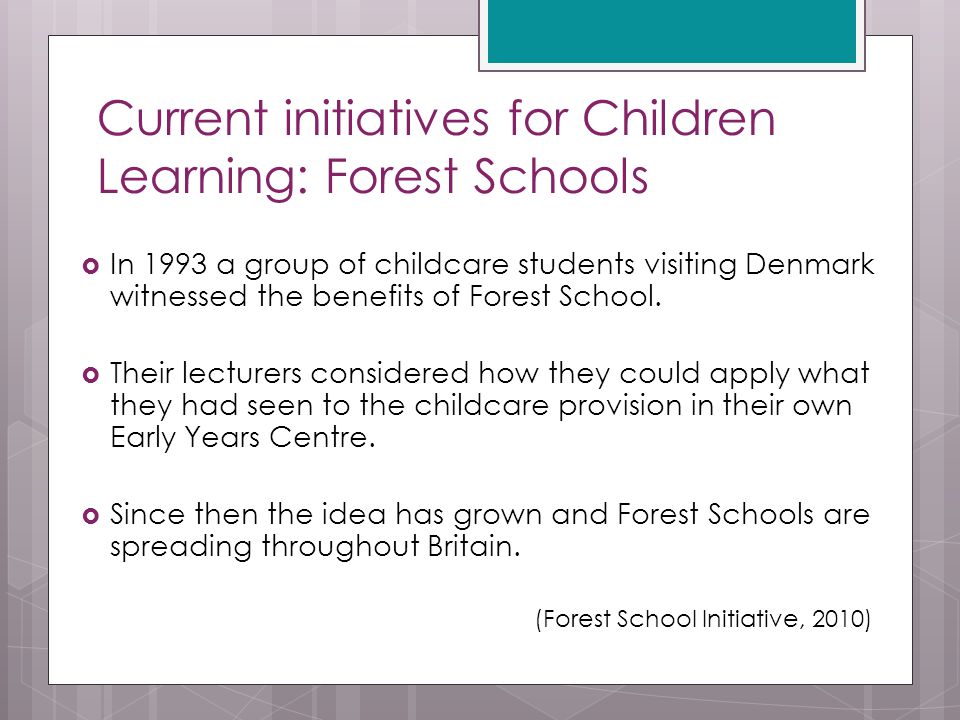 Current initiatives for Children Learning: Forest Schools  In 1993 a group of childcare students visiting Denmark witnessed the benefits of Forest School.