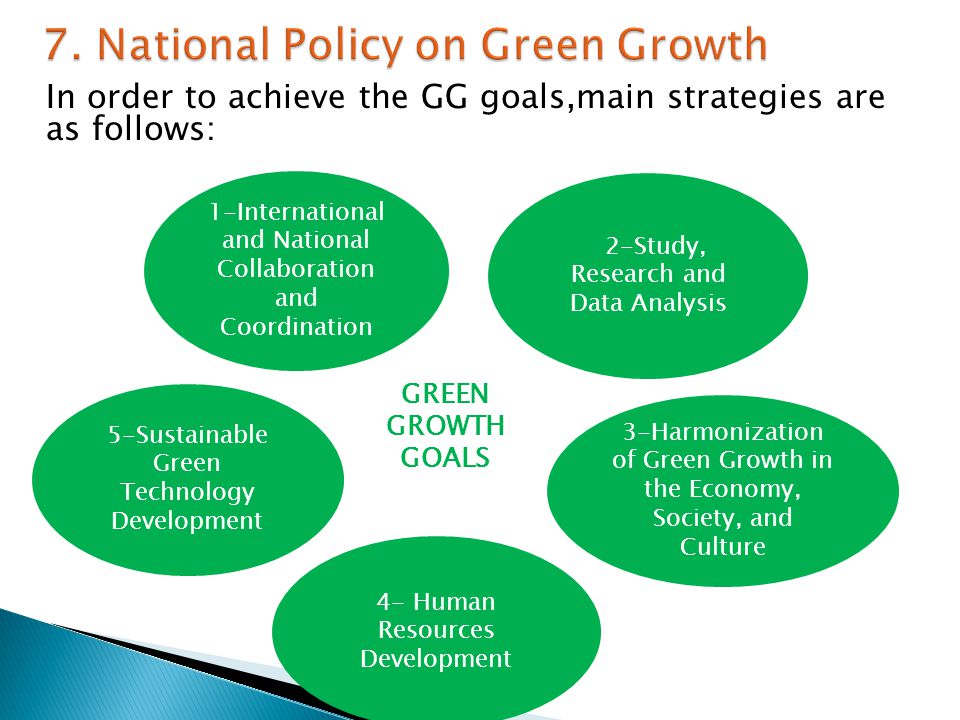 In order to achieve the GG goals,main strategies are as follows: 1-International and National Collaboration and Coordination 3-Harmonization of Green Growth in the Economy, Society, and Culture 2-Study, Research and Data Analysis 4- Human Resources Development GREEN GROWTH GOALS 5-Sustainable Green Technology Development