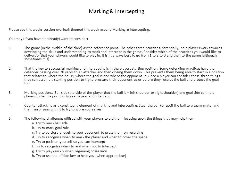 Please see this weeks session overleaf; themed this week around Marking & Intercepting.
