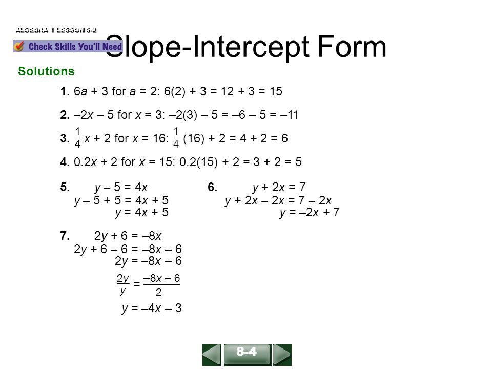 Slope-Intercept Form 1. 6a + 3 for a = 2: 6(2) + 3 = =