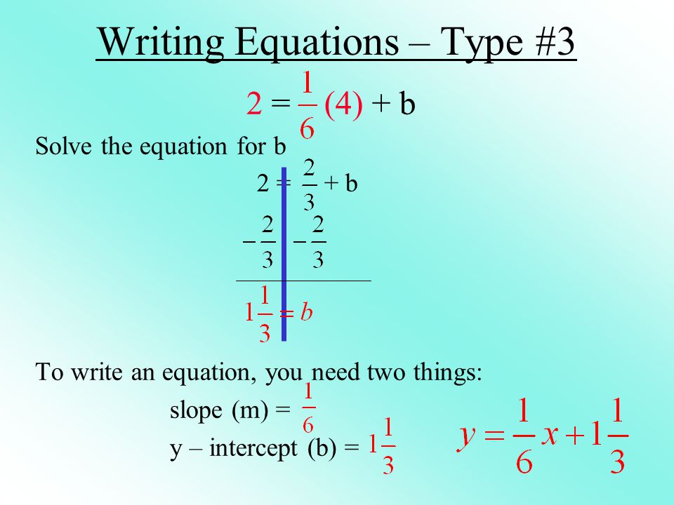Writing Equations – Type #3 2 = (4) + b Solve the equation for b 2 = + b To write an equation, you need two things: slope (m) = y – intercept (b) =
