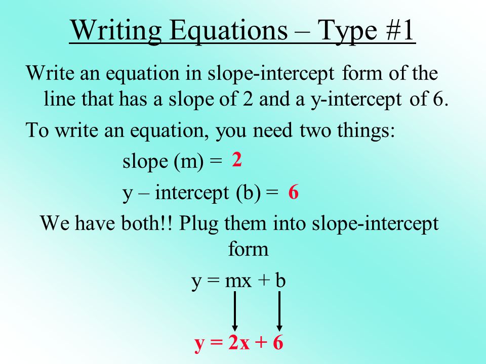 Writing Equations – Type #1 Write an equation in slope-intercept form of the line that has a slope of 2 and a y-intercept of 6.