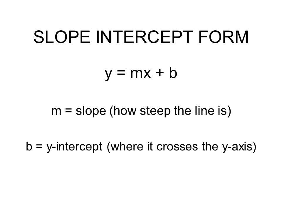 SLOPE INTERCEPT FORM y = mx + b m = slope (how steep the line is) b = y-intercept (where it crosses the y-axis)