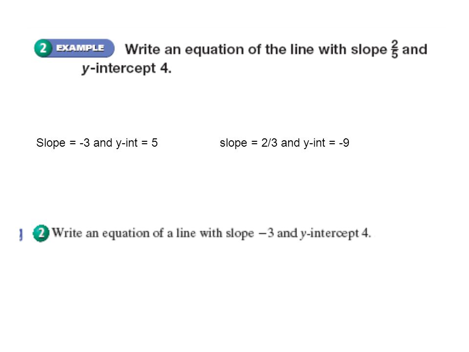 Slope = -3 and y-int = 5 slope = 2/3 and y-int = -9