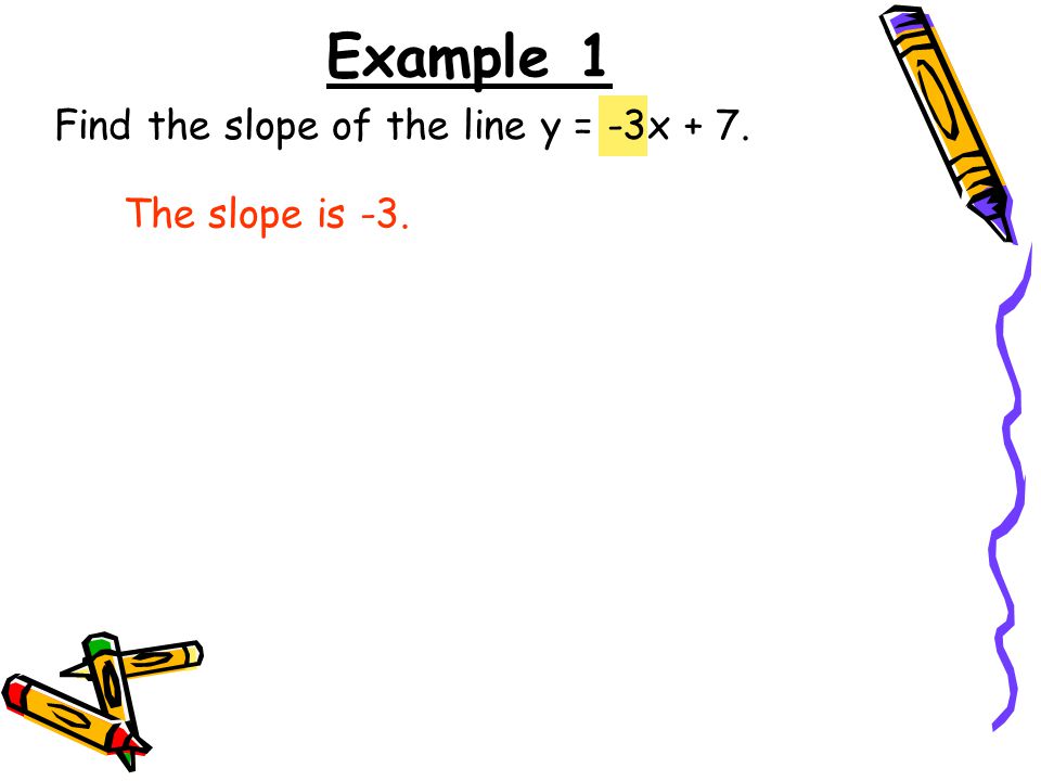 Find the slope of the line y = -3x + 7. Example 1 The slope is -3.