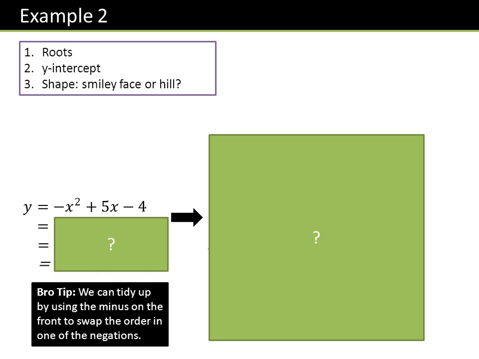 y x Example Roots 2.y-intercept 3.Shape: smiley face or hill.