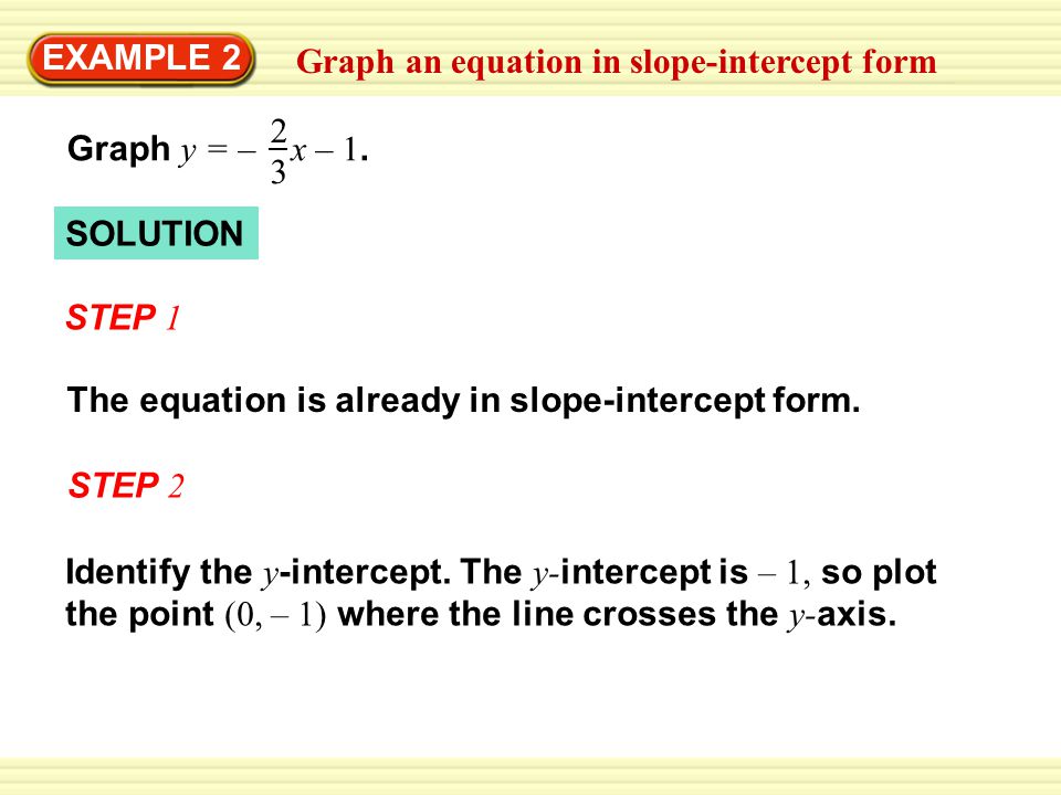 Graph an equation in slope-intercept form EXAMPLE 2 Graph y = – x – 1.