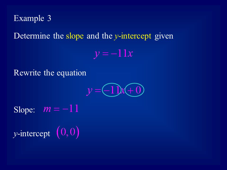 Example 3 Determine the slope and the y-intercept given Rewrite the equation Slope: y-intercept