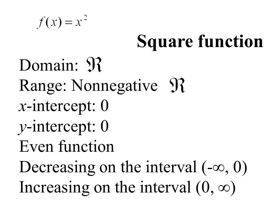 Domain: Range: Nonnegative x-intercept: 0 y-intercept: 0 Even function Decreasing on the interval (-∞, 0) Increasing on the interval (0, ∞) Square function