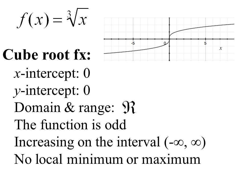 x-intercept: 0 y-intercept: 0 Domain & range: The function is odd Increasing on the interval (-∞, ∞) No local minimum or maximum Cube root fx: