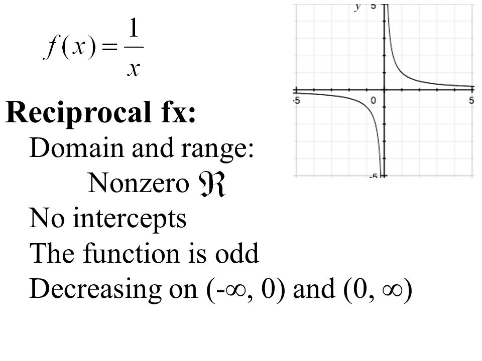Domain and range: Nonzero No intercepts The function is odd Decreasing on (-∞, 0) and (0, ∞) Reciprocal fx: