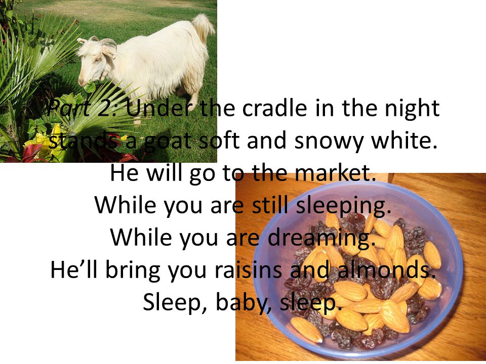 Part 2: Under the cradle in the night stands a goat soft and snowy white.