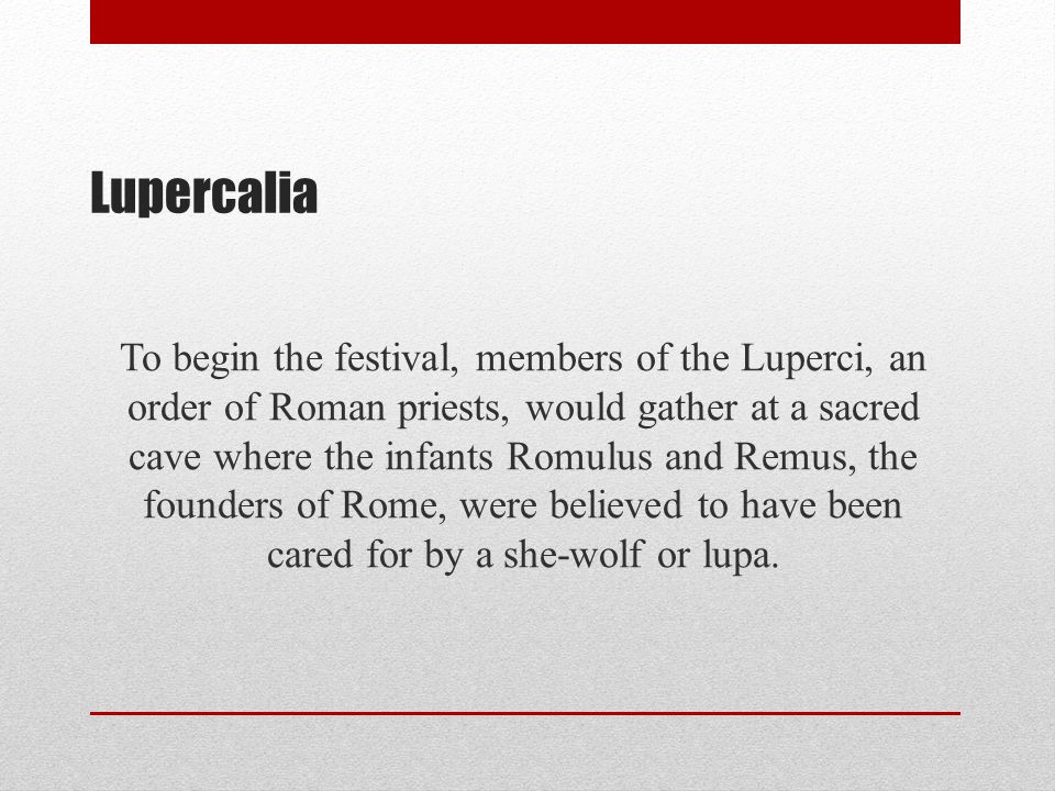 Lupercalia To begin the festival, members of the Luperci, an order of Roman priests, would gather at a sacred cave where the infants Romulus and Remus, the founders of Rome, were believed to have been cared for by a she-wolf or lupa.