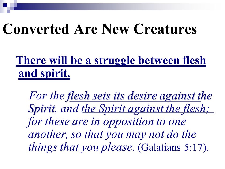 Converted Are New Creatures There will be a struggle between flesh and spirit.