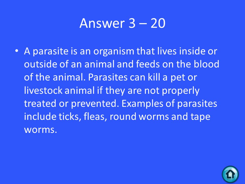 Answer 3 – 20 A parasite is an organism that lives inside or outside of an animal and feeds on the blood of the animal.