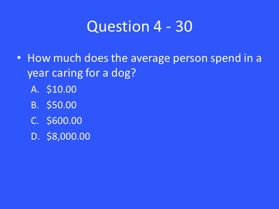 Question How much does the average person spend in a year caring for a dog.
