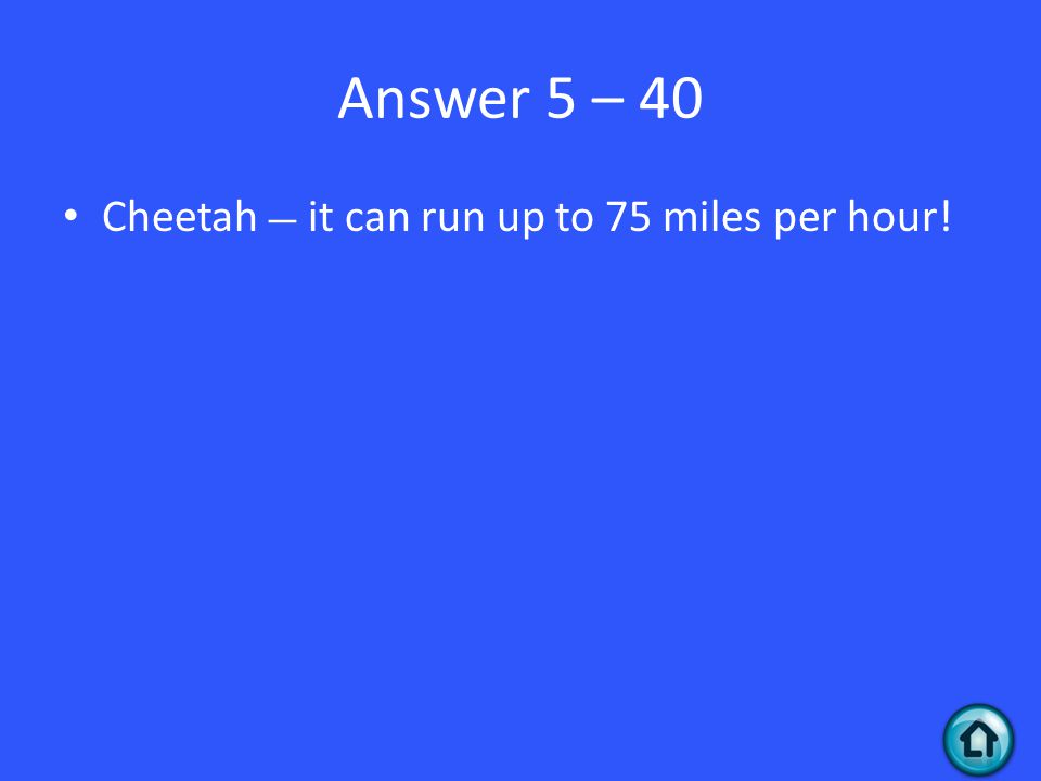 Answer 5 – 40 Cheetah — it can run up to 75 miles per hour!