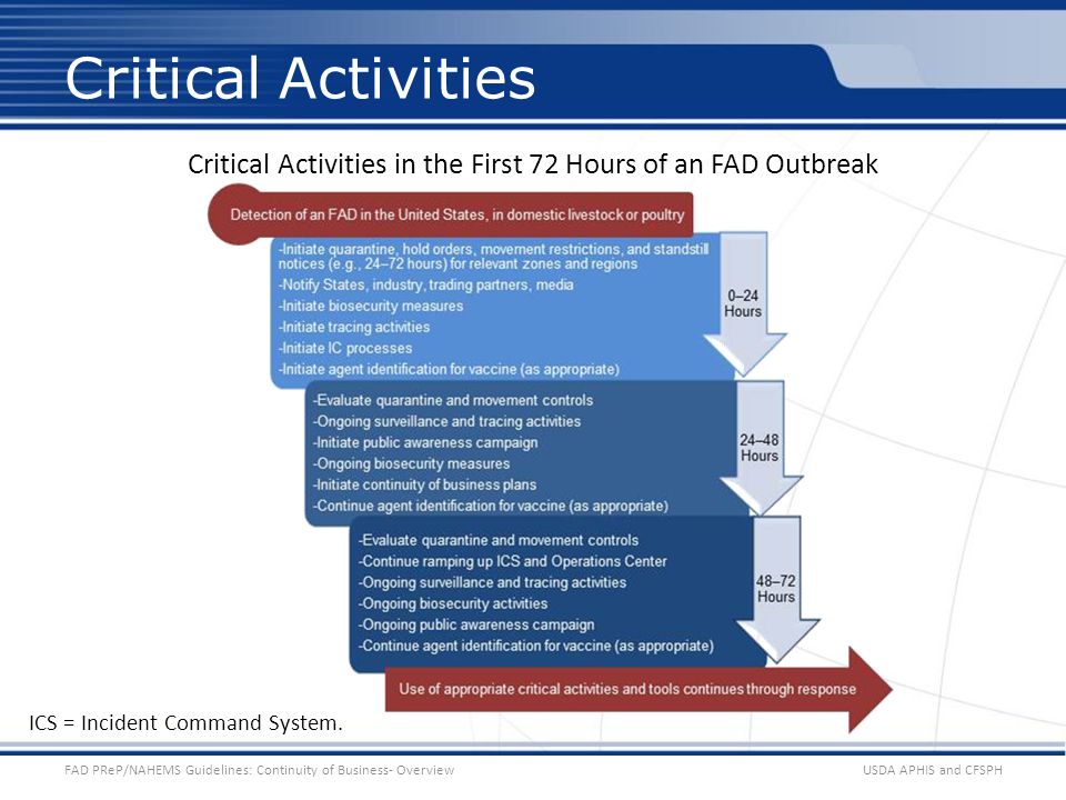 USDA APHIS and CFSPHFAD PReP/NAHEMS Guidelines: Continuity of Business- Overview Critical Activities Critical Activities in the First 72 Hours of an FAD Outbreak ICS = Incident Command System.