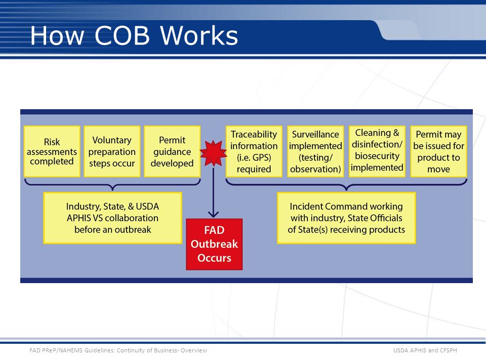 USDA APHIS and CFSPHFAD PReP/NAHEMS Guidelines: Continuity of Business- Overview How COB Works