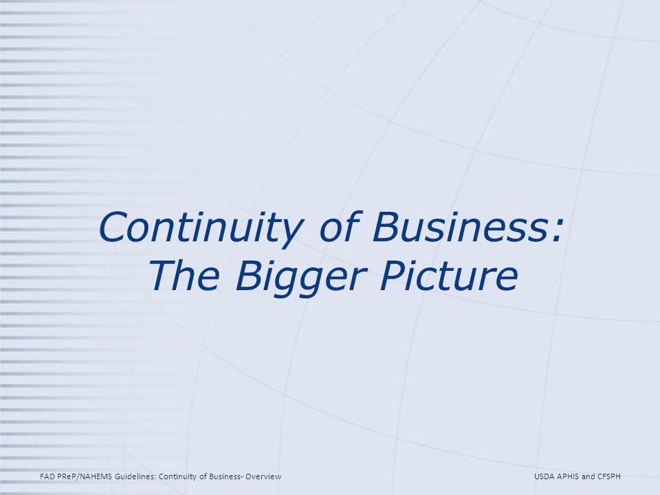 Continuity of Business: The Bigger Picture USDA APHIS and CFSPHFAD PReP/NAHEMS Guidelines: Continuity of Business- Overview