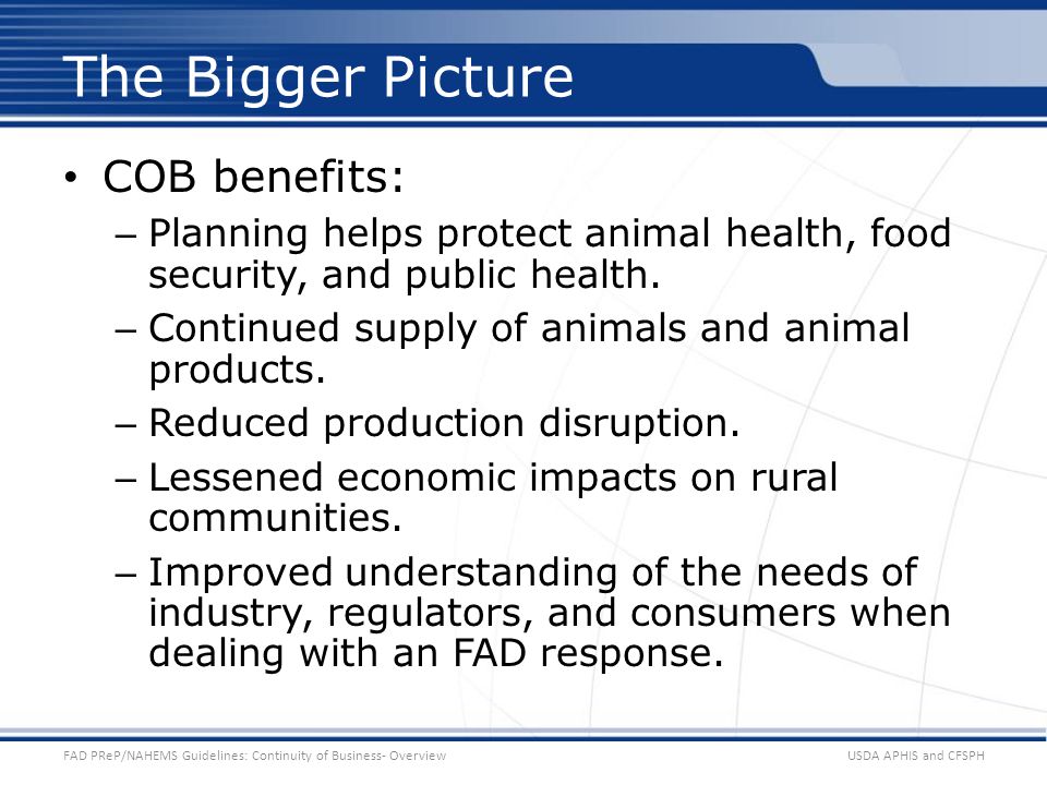 USDA APHIS and CFSPHFAD PReP/NAHEMS Guidelines: Continuity of Business- Overview The Bigger Picture COB benefits: – Planning helps protect animal health, food security, and public health.