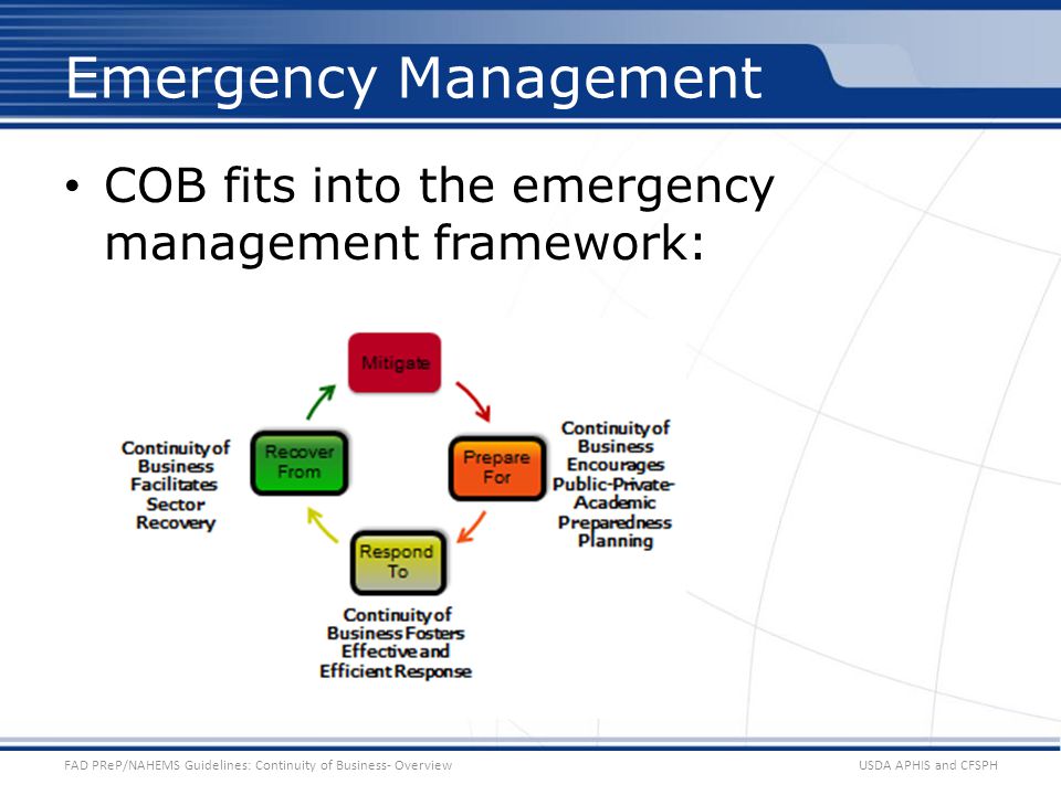 USDA APHIS and CFSPHFAD PReP/NAHEMS Guidelines: Continuity of Business- Overview Emergency Management COB fits into the emergency management framework: