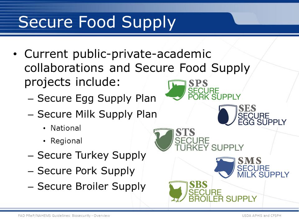 Current public-private-academic collaborations and Secure Food Supply projects include: – Secure Egg Supply Plan – Secure Milk Supply Plan National Regional – Secure Turkey Supply – Secure Pork Supply – Secure Broiler Supply USDA APHIS and CFSPHFAD PReP/NAHEMS Guidelines: Biosecurity - Overview Secure Food Supply