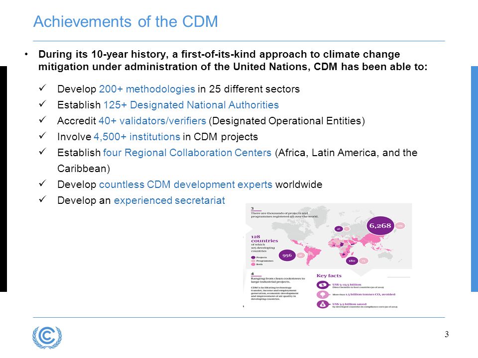 Achievements of the CDM During its 10-year history, a first-of-its-kind approach to climate change mitigation under administration of the United Nations, CDM has been able to: Develop 200+ methodologies in 25 different sectors Establish 125+ Designated National Authorities Accredit 40+ validators/verifiers (Designated Operational Entities) Involve 4,500+ institutions in CDM projects Establish four Regional Collaboration Centers (Africa, Latin America, and the Caribbean) Develop countless CDM development experts worldwide Develop an experienced secretariat 3