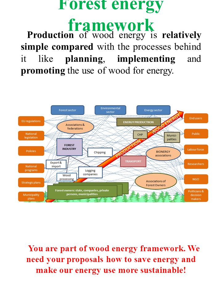 Forest energy framework Production of wood energy is relatively simple compared with the processes behind it like planning, implementing and promoting the use of wood for energy.
