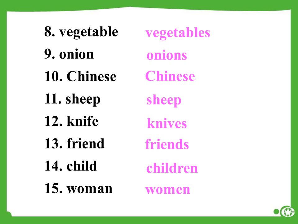 8. vegetable 9. onion 10. Chinese 11. sheep 12.