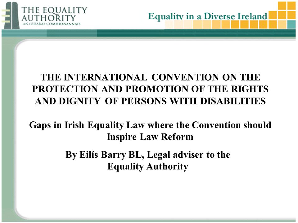 THE INTERNATIONAL CONVENTION ON THE PROTECTION AND PROMOTION OF THE RIGHTS AND DIGNITY OF PERSONS WITH DISABILITIES Gaps in Irish Equality Law where the Convention should Inspire Law Reform By Eilís Barry BL, Legal adviser to the Equality Authority
