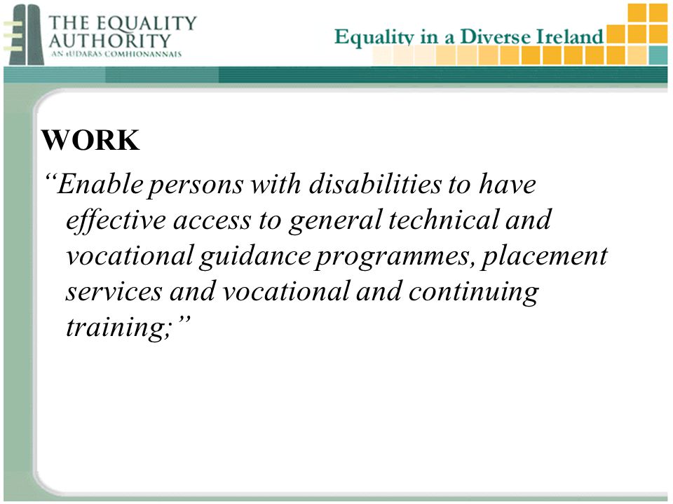 WORK Enable persons with disabilities to have effective access to general technical and vocational guidance programmes, placement services and vocational and continuing training;