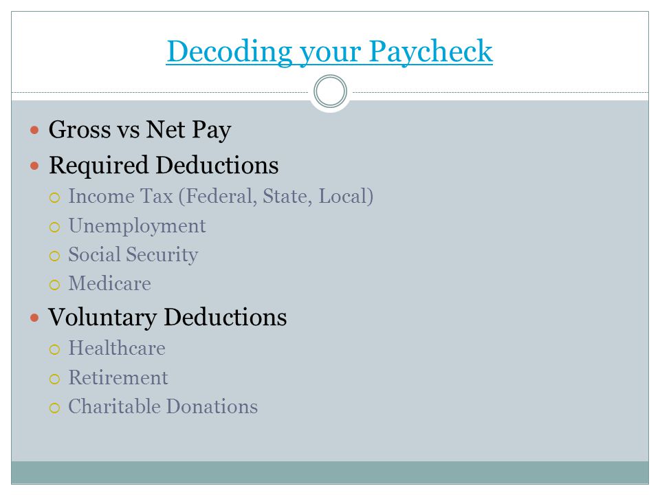 Decoding your Paycheck Gross vs Net Pay Required Deductions  Income Tax (Federal, State, Local)  Unemployment  Social Security  Medicare Voluntary Deductions  Healthcare  Retirement  Charitable Donations