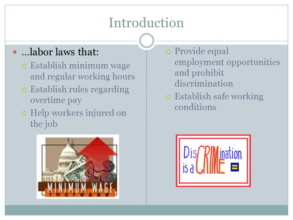 Introduction …labor laws that:  Establish minimum wage and regular working hours  Establish rules regarding overtime pay  Help workers injured on the job  Provide equal employment opportunities and prohibit discrimination  Establish safe working conditions