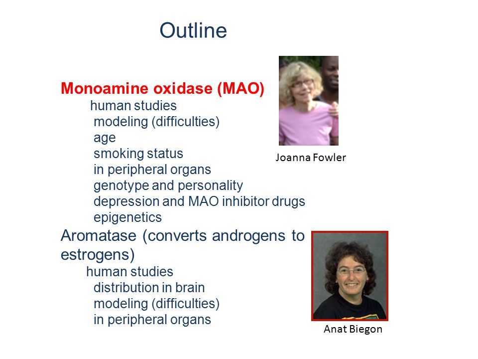 Outline Monoamine oxidase (MAO) human studies modeling (difficulties) age smoking status in peripheral organs genotype and personality depression and MAO inhibitor drugs epigenetics Aromatase (converts androgens to estrogens) human studies distribution in brain modeling (difficulties) in peripheral organs Joanna Fowler Anat Biegon
